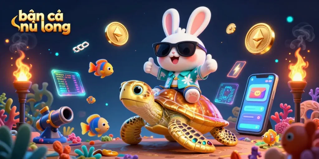 bắn cá ngũ long gameplay showcasing a lucky cartoon rabbit and golden turtle in vibrant underwater action.