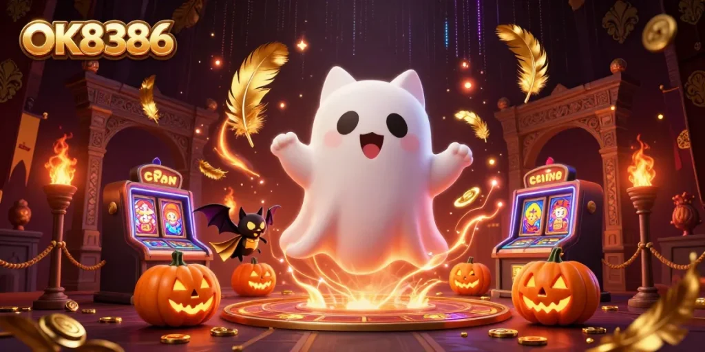 Play exciting slots with OK8386 in a vibrant haunted casino scene filled with captivating elements.