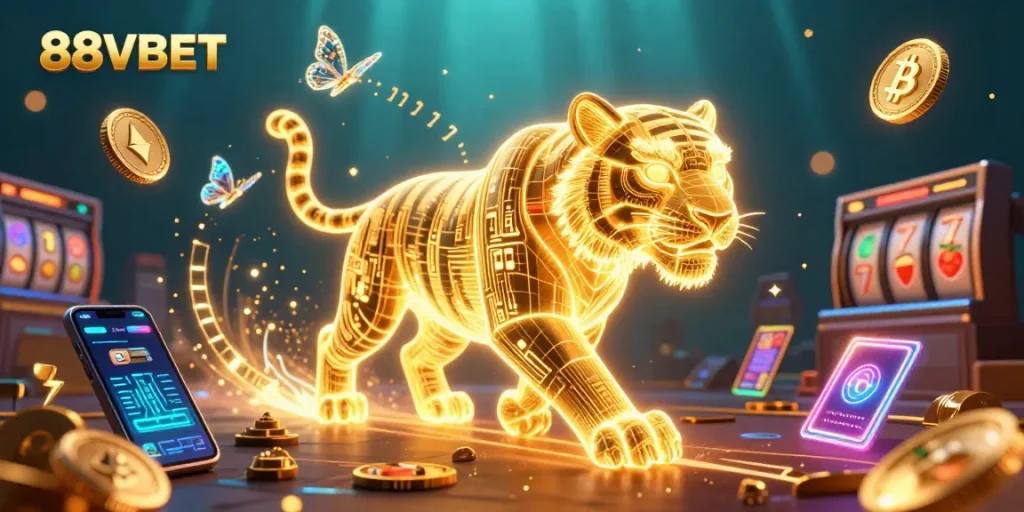 Engage with 88VBET's vibrant digital casino scene featuring a neon golden tiger.