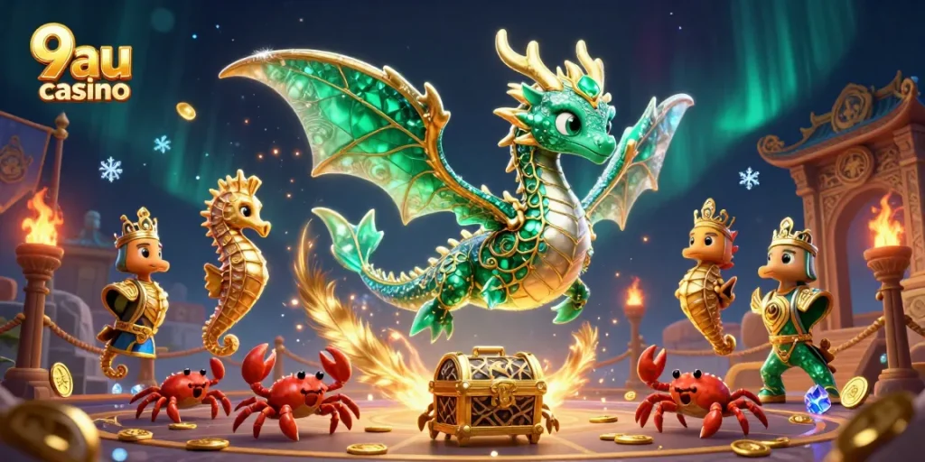 Experience the excitement of 9au casino with vibrant sea dragon graphics and dynamic gambling elements.