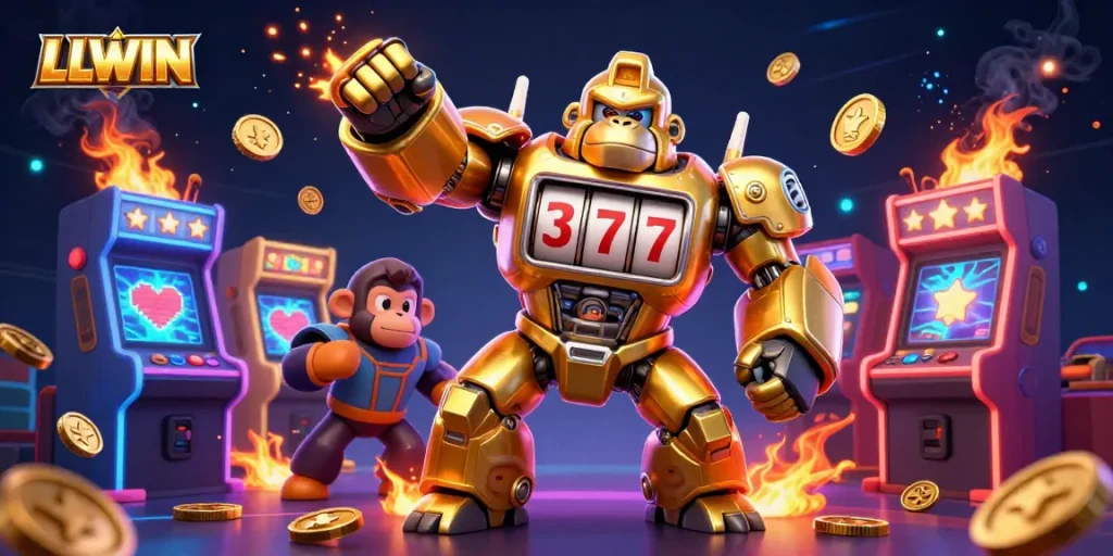 Experience the thrilling LLWIN casino adventure with a golden gorilla mech, arcade games, and dynamic gaming elements.