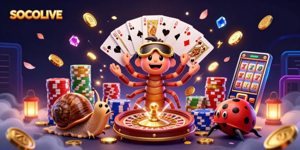 Experience thrilling action at SOCOLIVE with a vibrant 3D casino scene showcasing gaming excitement.