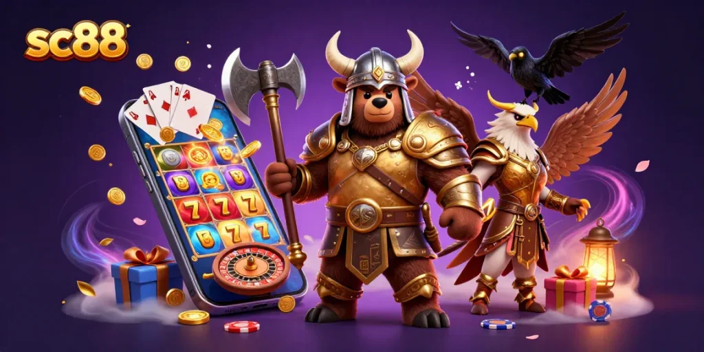 Experience thrilling slot action with sc88 in this vibrant 3D illustration featuring epic characters.