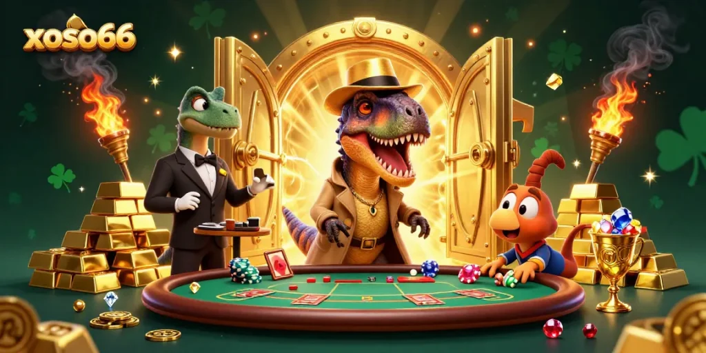 Experience thrilling blackjack with xoso66 in this dynamic casino scene featuring cartoon dinosaurs.