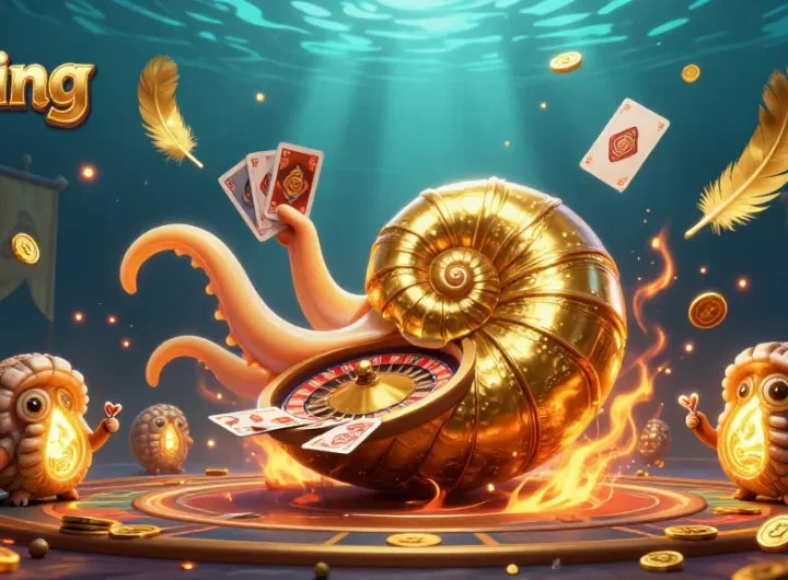 Fishing giant nautilus with golden roulette shell showcases dynamic casino elements.
