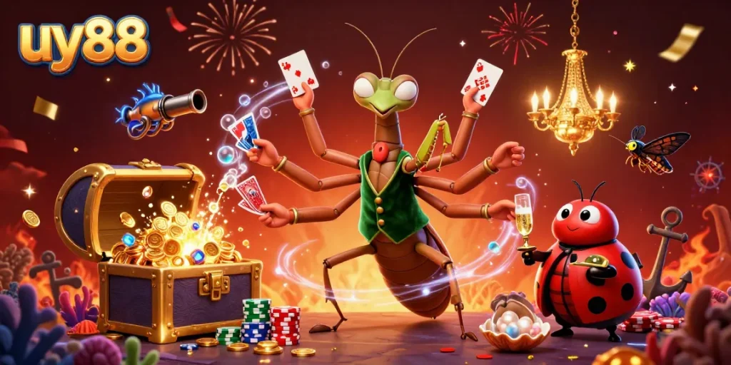 Experience the charm of uy88, where a giant praying mantis card sharp and a ladybug pit boss create a magic-filled casino scene.